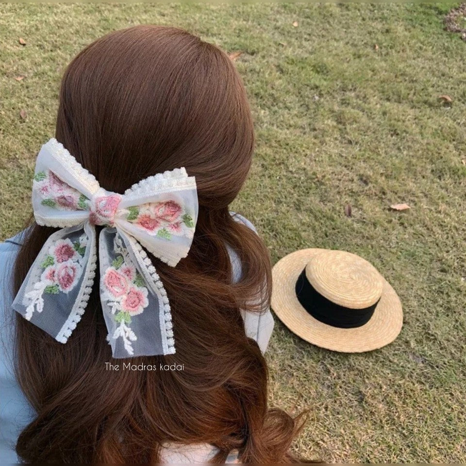 Embroidered Lace Hair Bow Clip