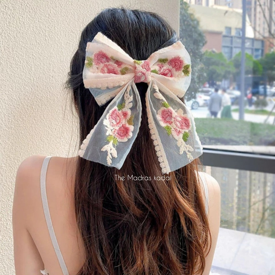 Embroidered Lace Hair Bow Clip